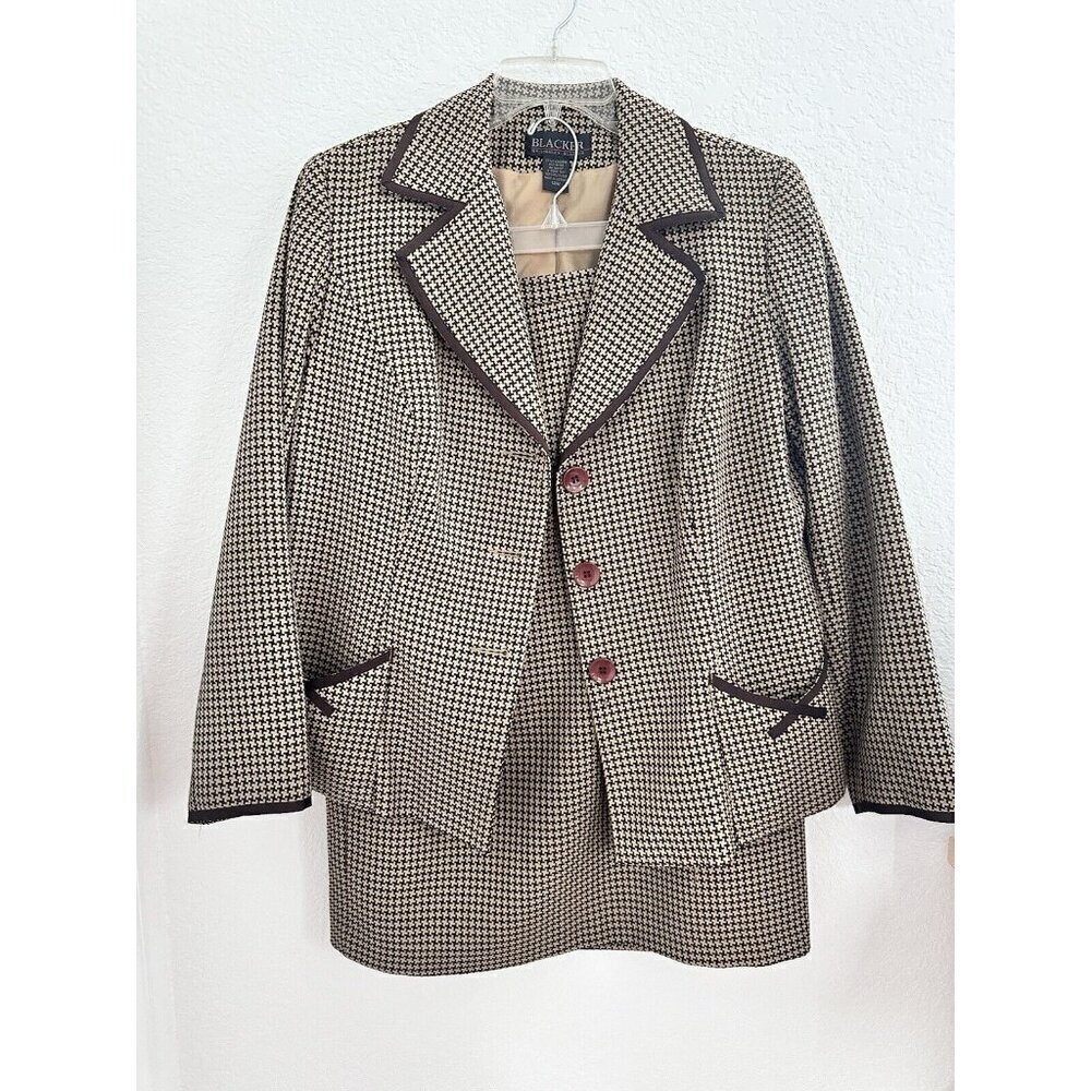 Blacker Brown Beige Houndstooth Tweed Pocket Jacket & Skirt Suit Set‎ Sz 14W